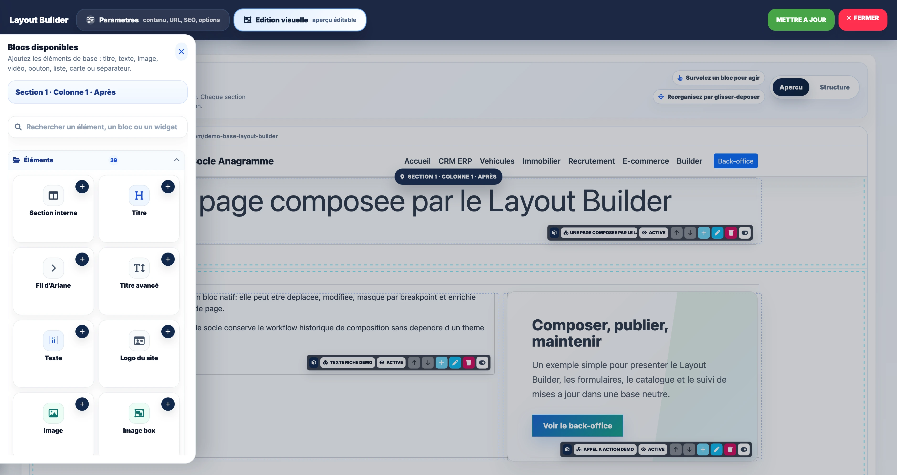 Builder visuel avec sa bibliothèque d’éléments