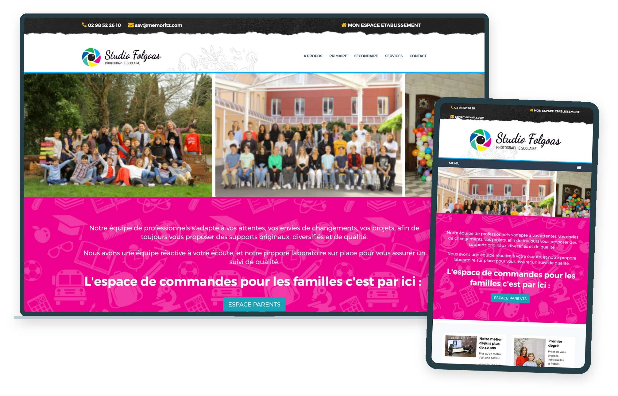 Studio Folgoas : site public relié au CRM de photographie scolaire, sur ordinateur et tablette