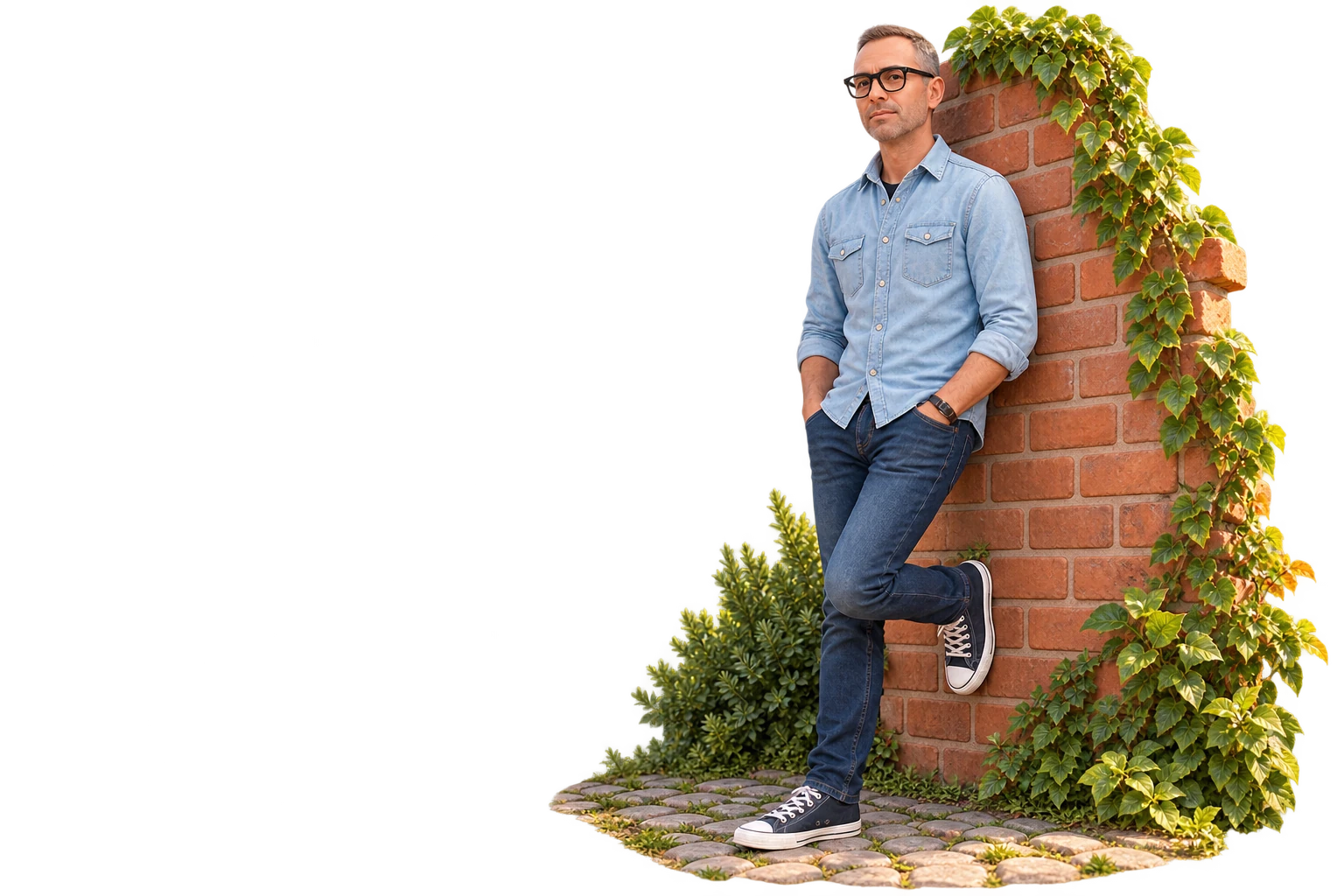 Illustration détourée de Nicolas Le Berre devant un mur de briques couvert de végétation